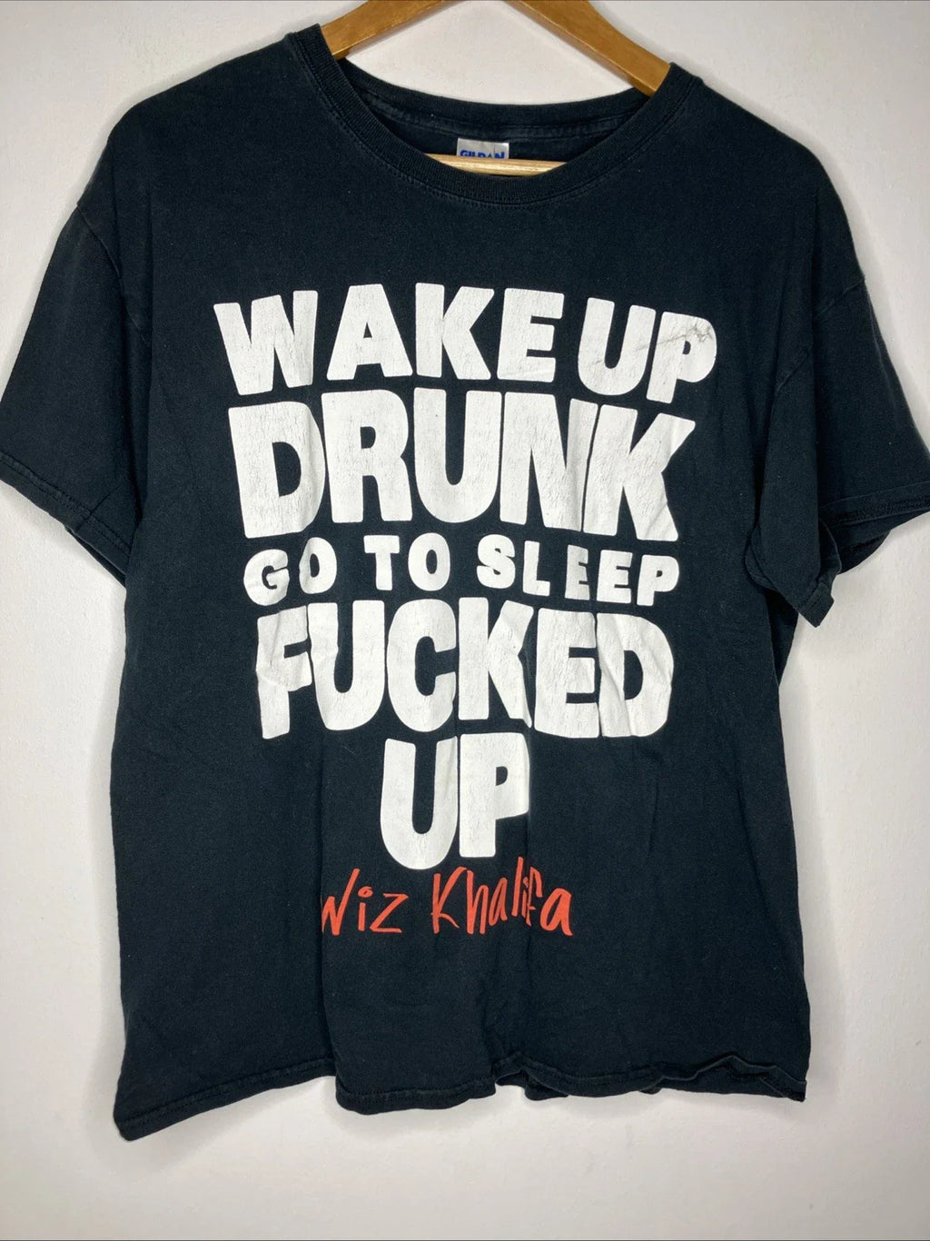 Wiz Khalifa T-Shirt Men's Large Black Wake Up Drunk Rap Tee Distressed Unisex T-shirt, Sweatshirt, Hoodie, Long Sleeve Tee - T-Shirt, Sweatshirt, Hoodie