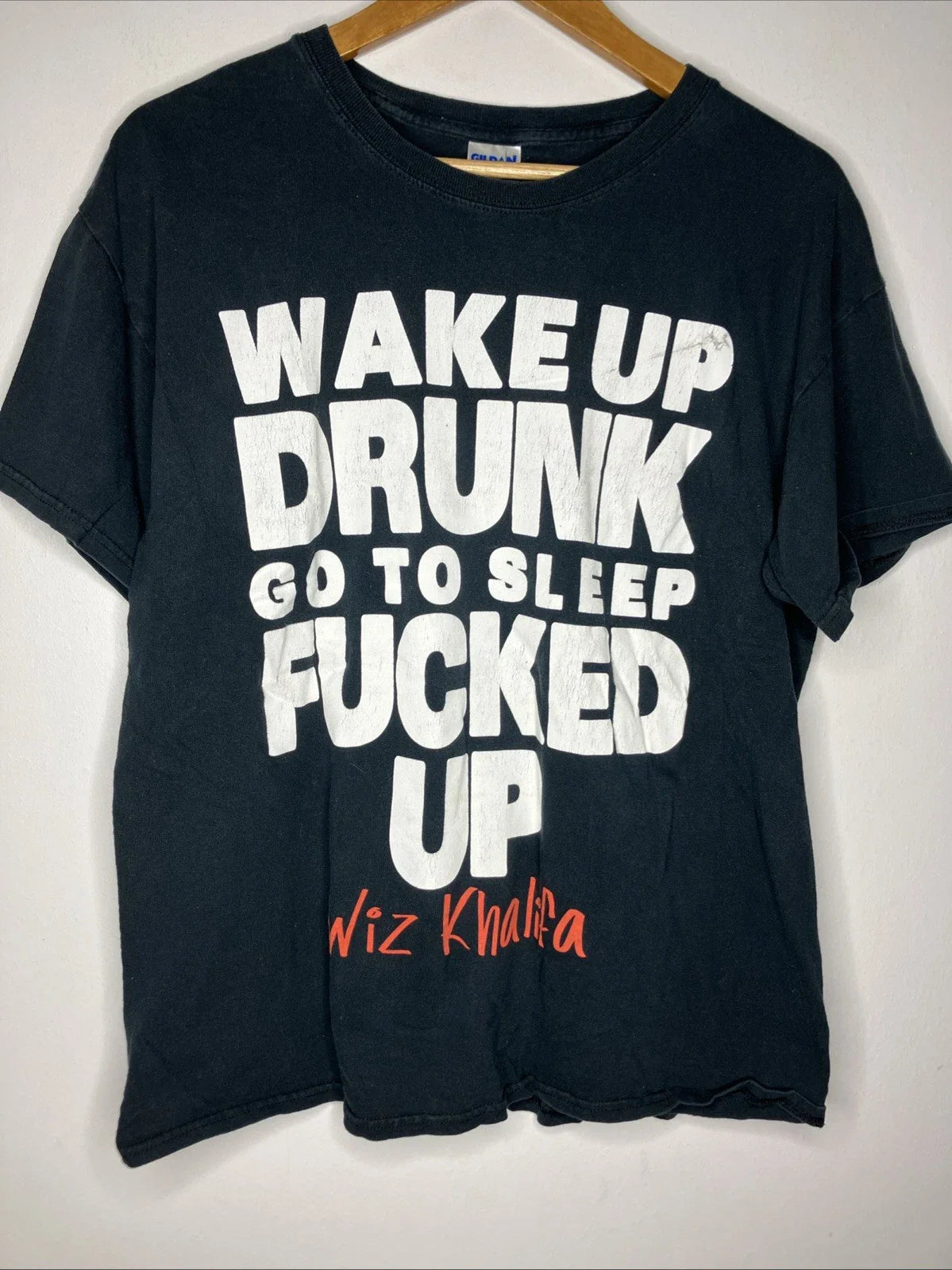 Wiz Khalifa T-Shirt Men's Large Black Wake Up Drunk Rap Tee Distressed Unisex T-shirt, Sweatshirt, Hoodie, Long Sleeve Tee - T-Shirt, Sweatshirt, Hoodie