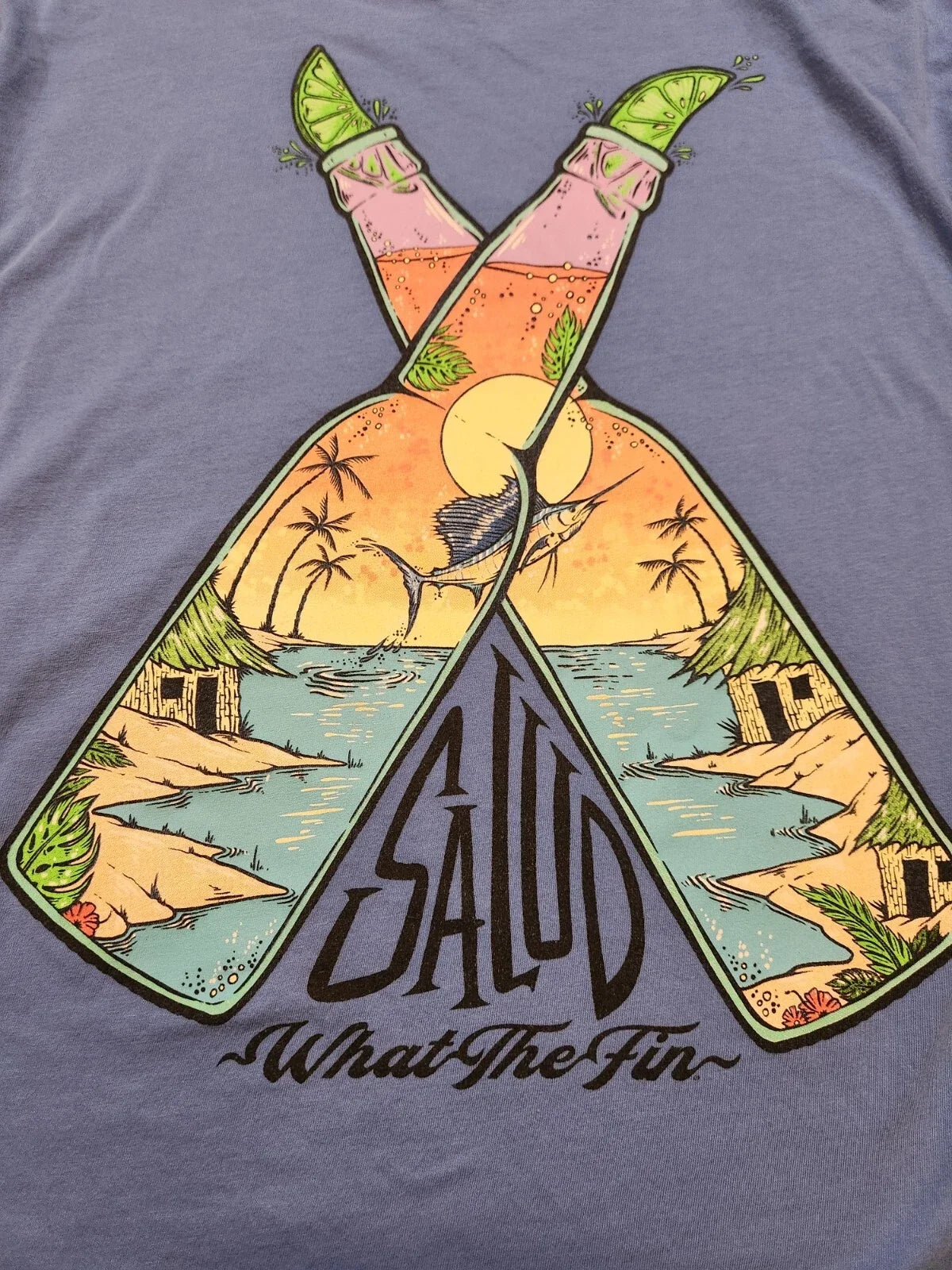 What The Fin Salud Crossed Beer Bottles Marlin Performance Fabric Blue T-Shirt L Unisex T-shirt, Sweatshirt, Hoodie, Long Sleeve Tee - T-Shirt, Sweatshirt, Hoodie