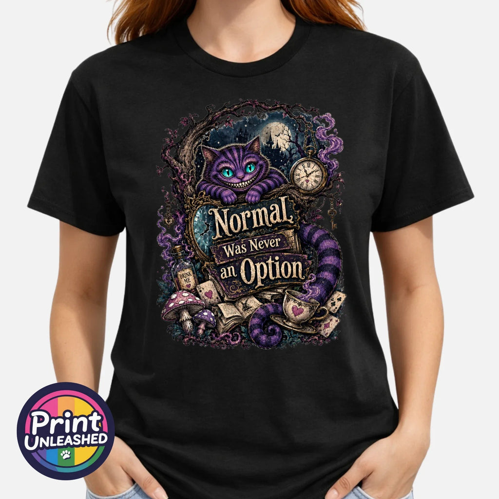 Normal Was Never An Option Tee Funny Grinning Cat Graphic T-Shirt Unisex S-2XL Unisex T-shirt, Sweatshirt, Hoodie, Long Sleeve Tee - T-Shirt, Sweatshirt, Hoodie
