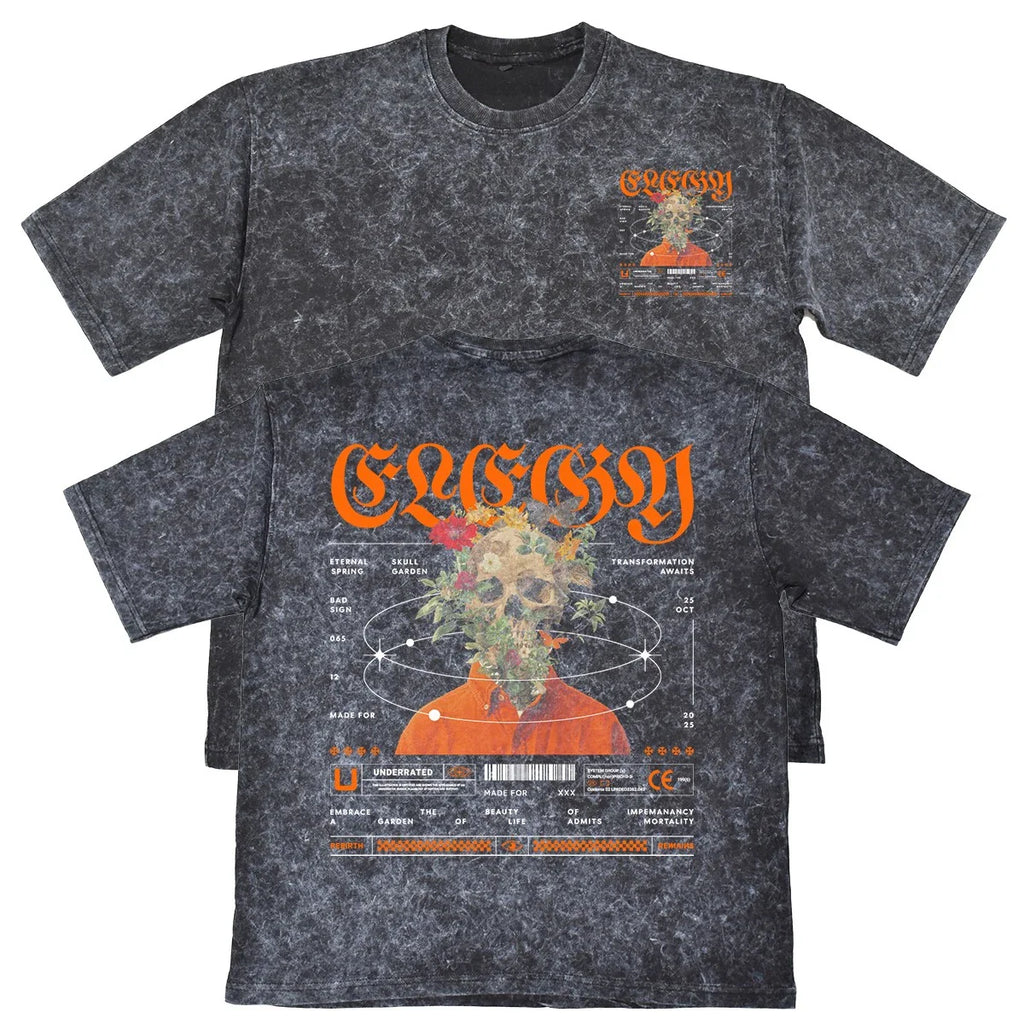 Elegy Skull Garden Unisex Mens Carbon Grey 240gsm French Terry Acid Wash T-Shirt Unisex T-shirt, Sweatshirt, Hoodie, Long Sleeve Tee - T-Shirt, Sweatshirt, Hoodie