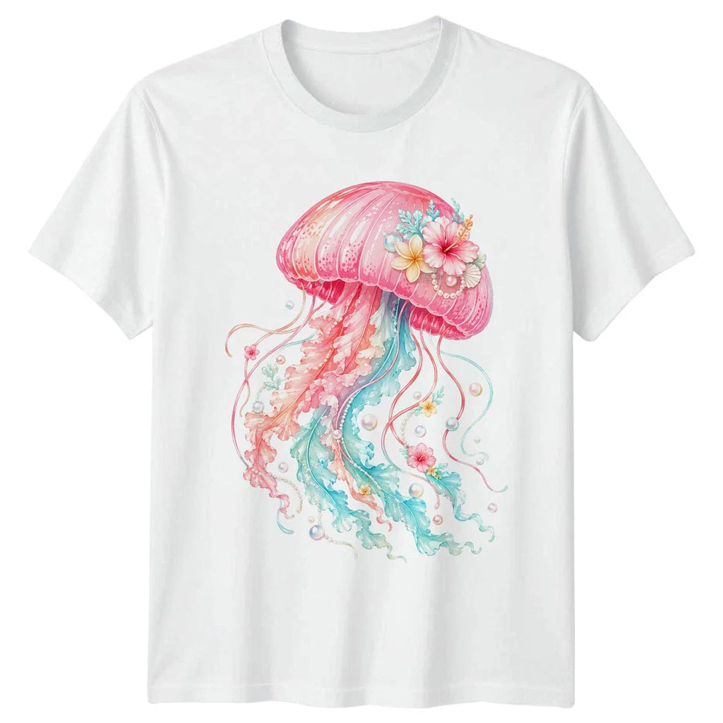 Pink Hibiscus Jellyfish Womens T-Shirt Aesthetic Coastal Summer Gift For Her Unisex T-shirt, Sweatshirt, Hoodie, Long Sleeve Tee - T-Shirt, Sweatshirt, Hoodie