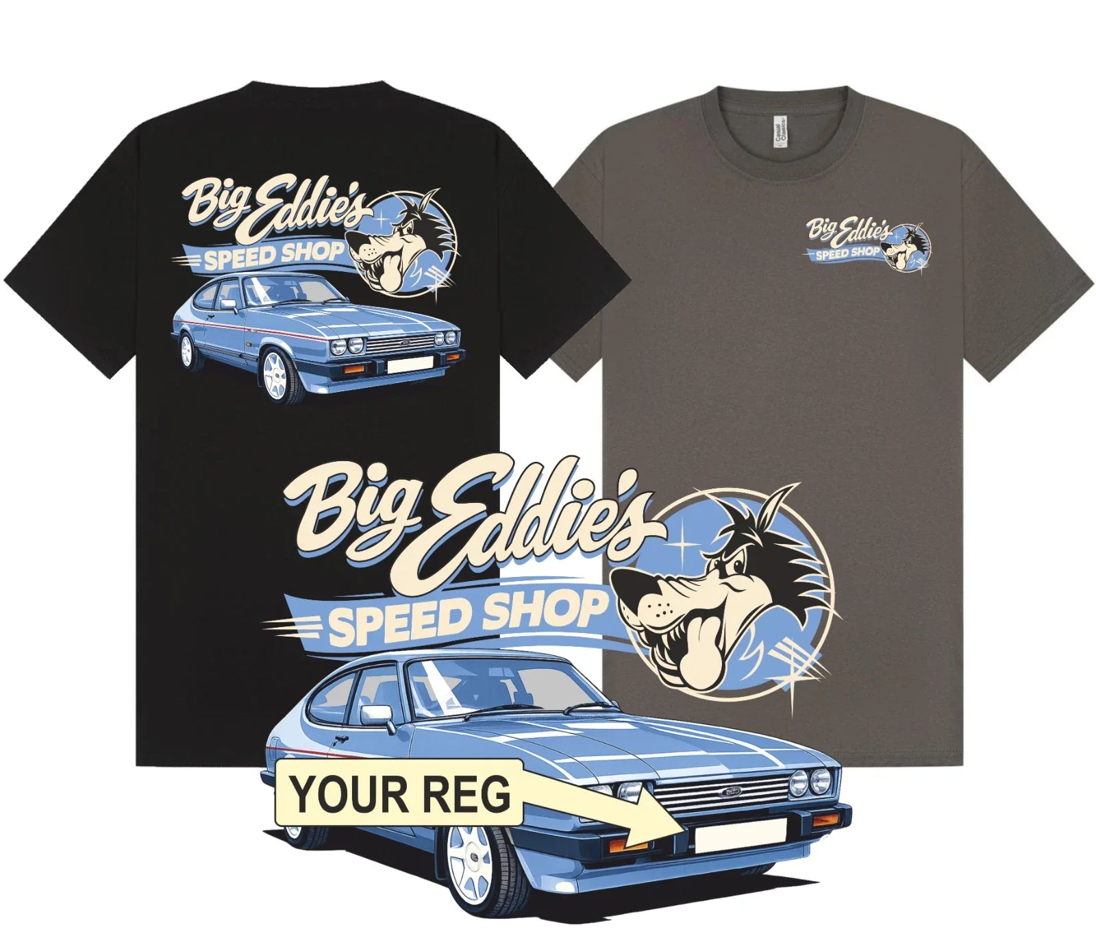 Blue MK3 Ford Capri Personalised T Shirt Add Your Registration Retro Classic Unisex T-shirt, Sweatshirt, Hoodie, Long Sleeve Tee - T-Shirt, Sweatshirt, Hoodie