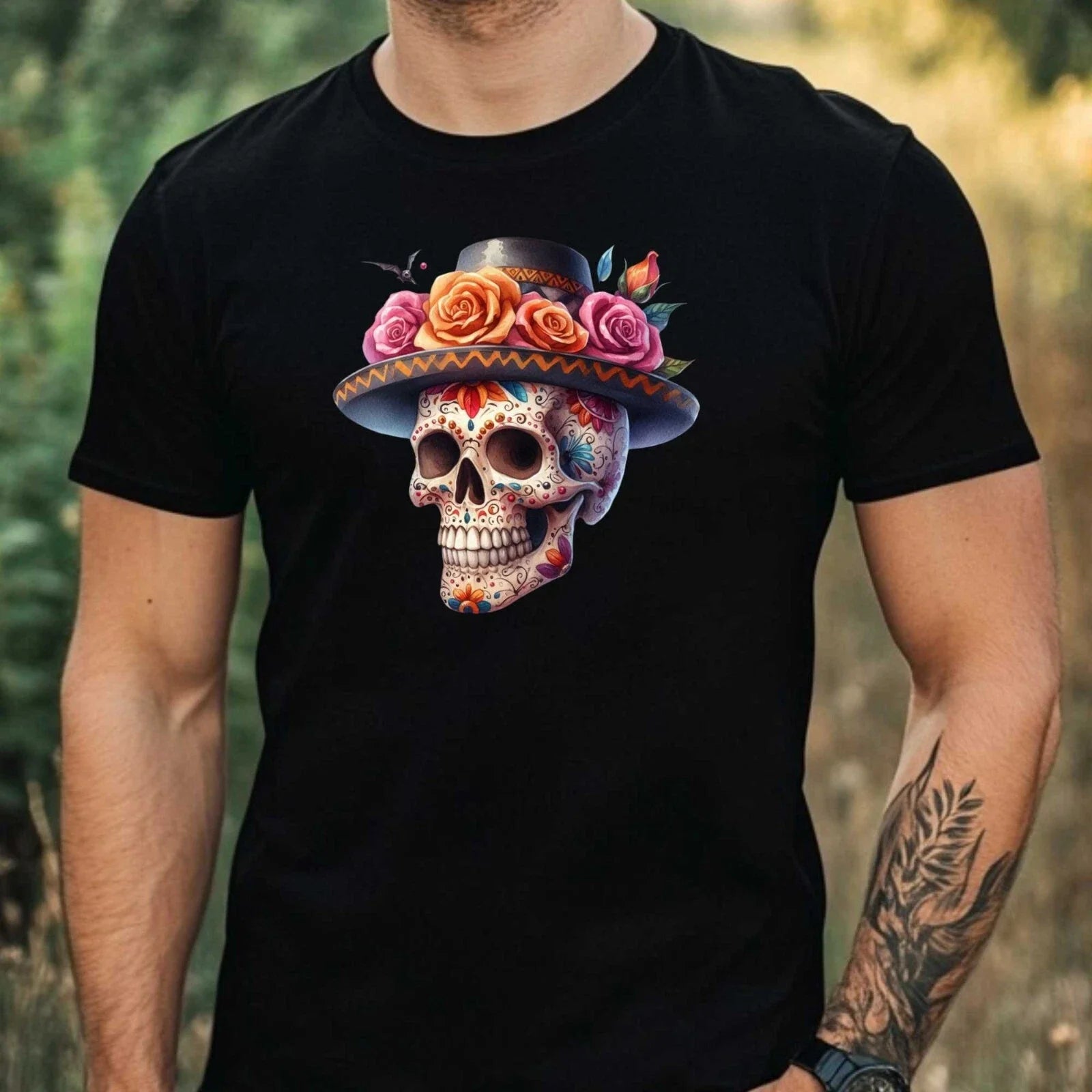 Mens Watercolour Rose Skull Motif Cotton T-Shirt Size XS to 5XL Unisex T-shirt, Sweatshirt, Hoodie, Long Sleeve Tee - T-Shirt, Sweatshirt, Hoodie