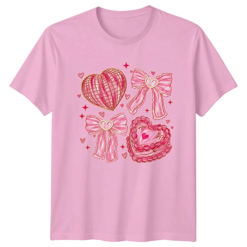 Pink Glitter Bows Hearts Aesthetic Womens T-Shirt Coquette Valentines Unisex T-shirt, Sweatshirt, Hoodie, Long Sleeve Tee - T-Shirt, Sweatshirt, Hoodie