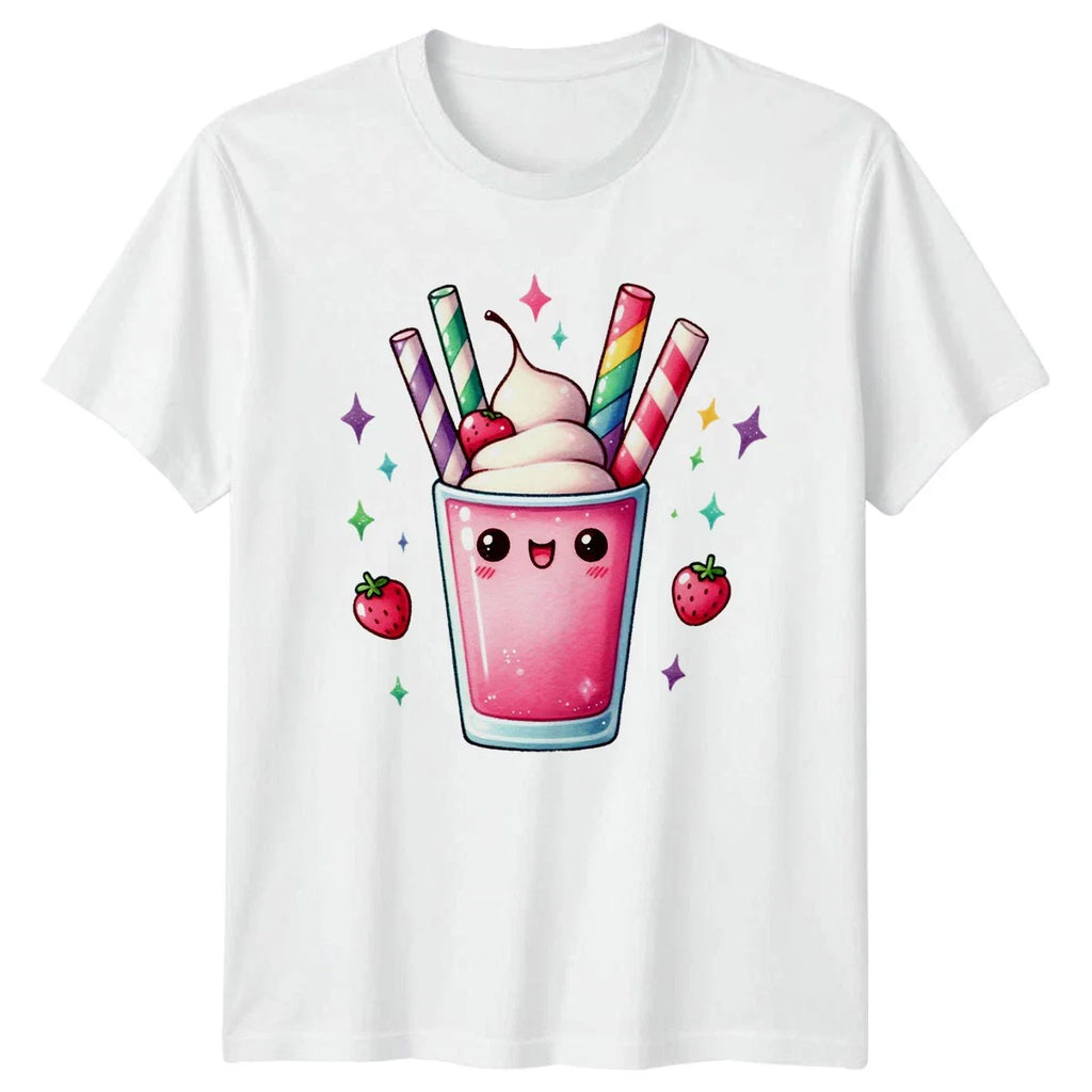 Cute Happy Milkshake Sweet Strawberry T-Shirt Kawaii Dessert Food Drink Birthday Unisex T-shirt, Sweatshirt, Hoodie, Long Sleeve Tee - T-Shirt, Sweatshirt, Hoodie