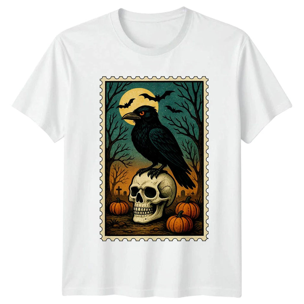 Raven Skull Halloween Holiday Mens T-Shirt Womens Graphic Tee Spooky Design Unisex T-shirt, Sweatshirt, Hoodie, Long Sleeve Tee - T-Shirt, Sweatshirt, Hoodie