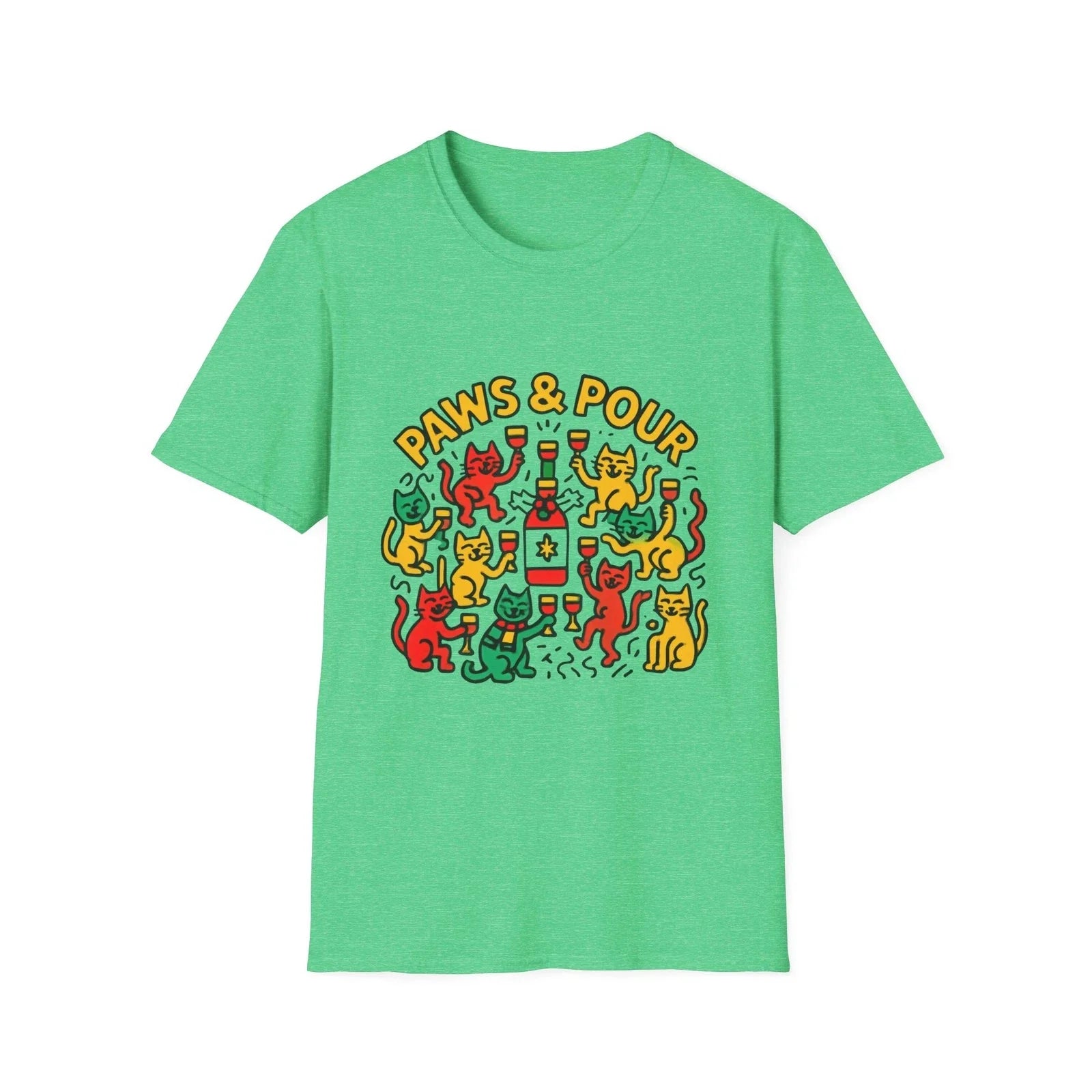 Paws & Pour Cats T-Shirt | Colorful Party Cats, Wine Bottle Illustration Unisex T-shirt, Sweatshirt, Hoodie, Long Sleeve Tee - T-Shirt, Sweatshirt, Hoodie