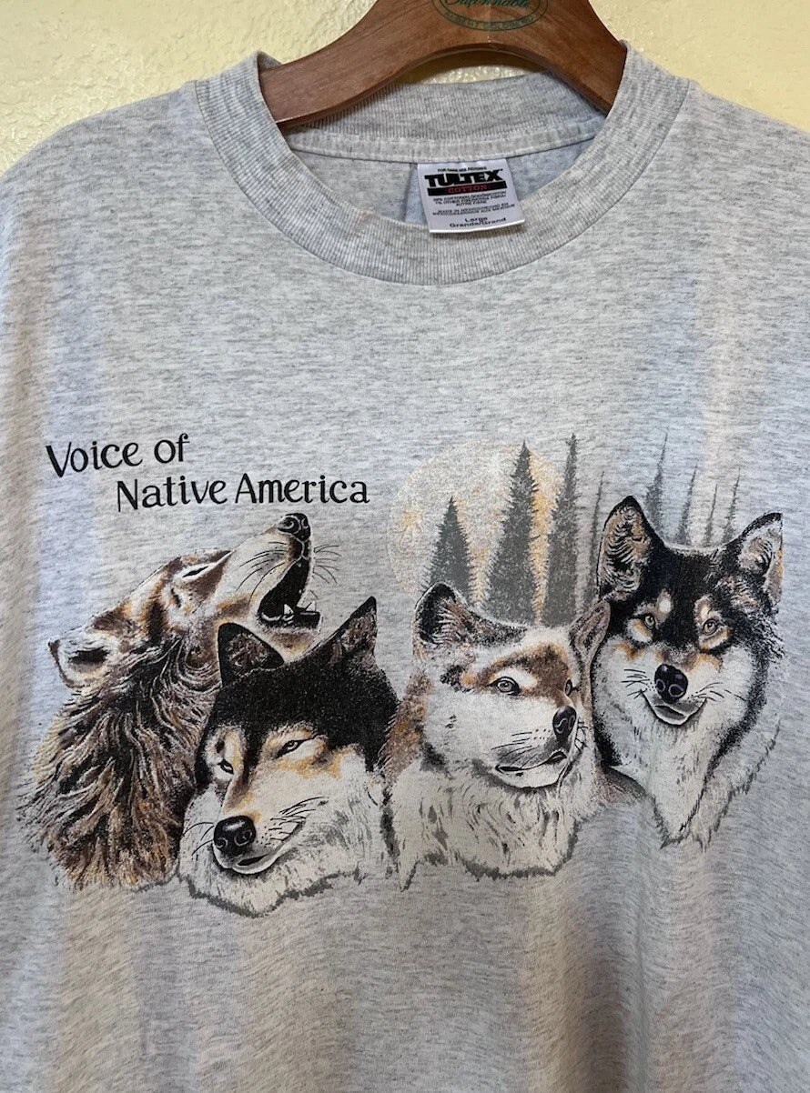 Voice of Native America Wolf Mens Gray T Shirt Size L Y2K Unisex T-shirt, Sweatshirt, Hoodie, Long Sleeve Tee - T-Shirt, Sweatshirt, Hoodie