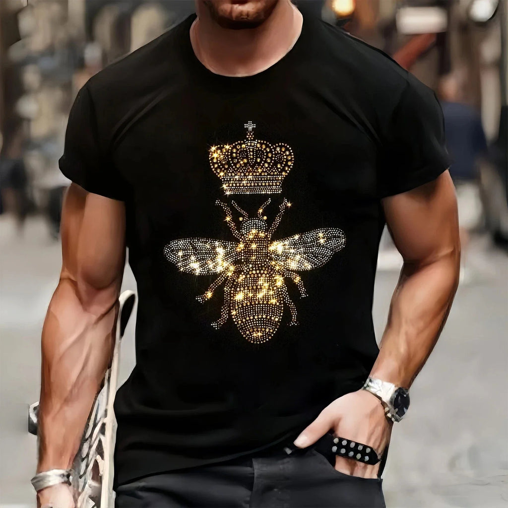 New Men Luxury Diamond Bee Crown Rhinestones Fashion Black T-Shirt High Quality Unisex T-shirt, Sweatshirt, Hoodie, Long Sleeve Tee - T-Shirt, Sweatshirt, Hoodie