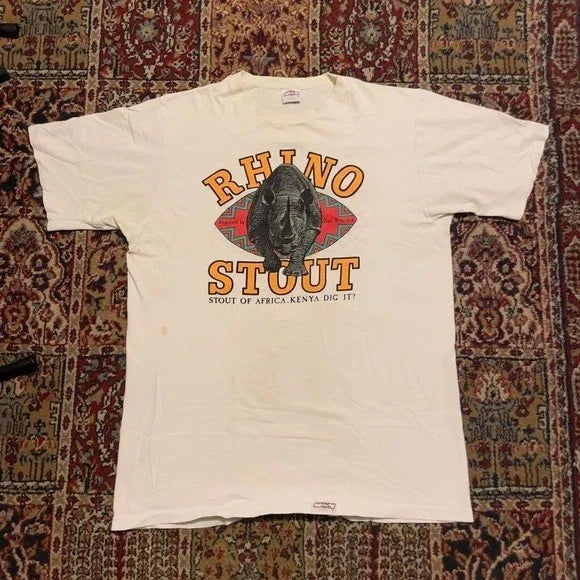 VTG 80s 90s Crazy Shirts Hawaii Rhino Stout white beer alcohol promo tee shirt L Unisex T-shirt, Sweatshirt, Hoodie, Long Sleeve Tee - T-Shirt, Sweatshirt, Hoodie