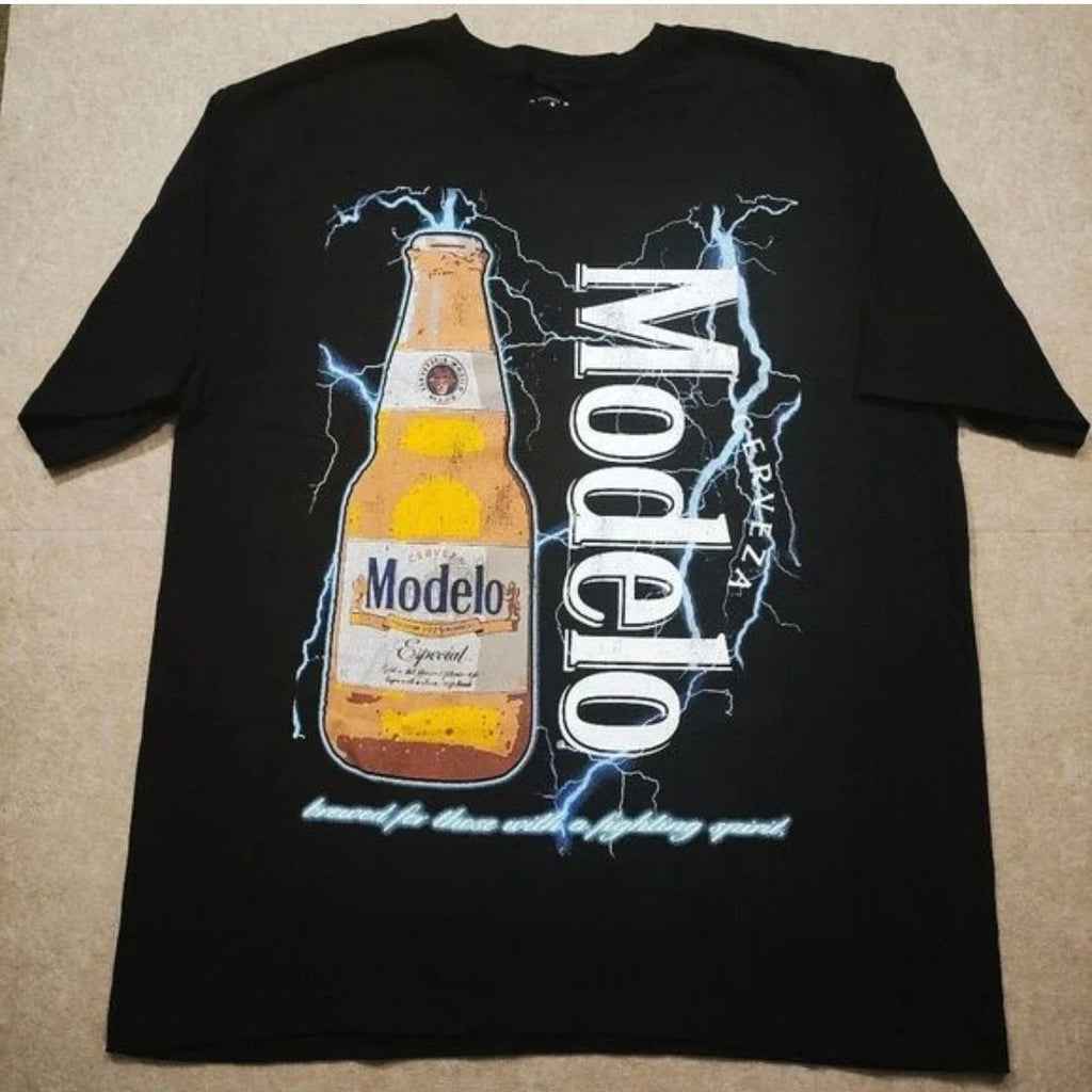 Modelo Cerveza Beer Logo Graphic Print Black Crew Neck Cotton T-Shirt Men L -Q Unisex T-shirt, Sweatshirt, Hoodie, Long Sleeve Tee - T-Shirt, Sweatshirt, Hoodie