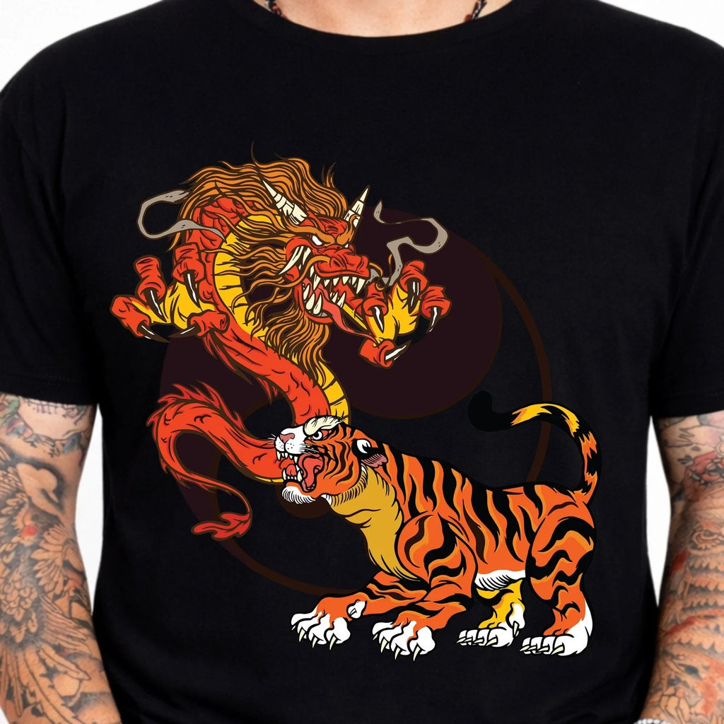 Dragon Tiger Tee Chinese Japanese Yin Yang Martial Arts Oriental Graphic Shirt. Unisex T-shirt, Sweatshirt, Hoodie, Long Sleeve Tee - T-Shirt, Sweatshirt, Hoodie