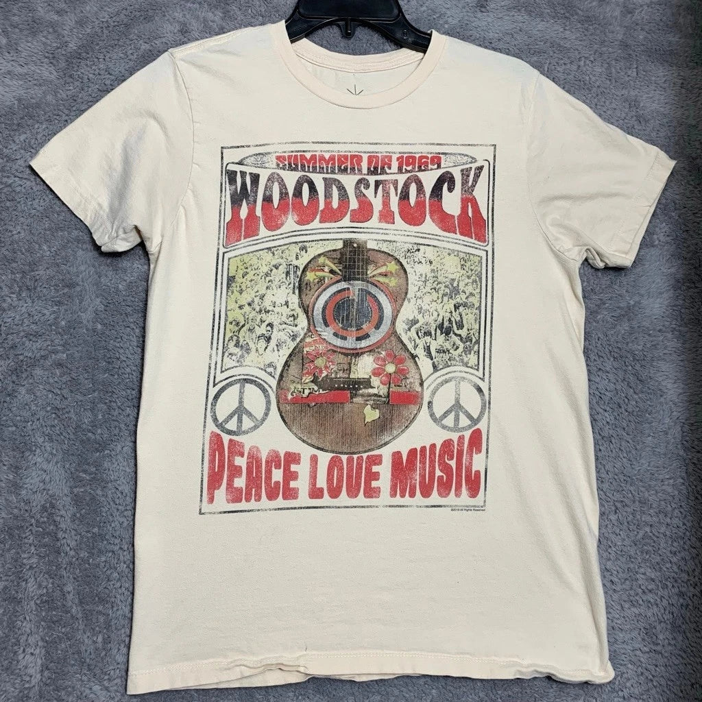 Life Clothing Co Woodstock Graphic T-Shirt Mens Medium Cream Peace Love Music Unisex T-shirt, Sweatshirt, Hoodie, Long Sleeve Tee - T-Shirt, Sweatshirt, Hoodie