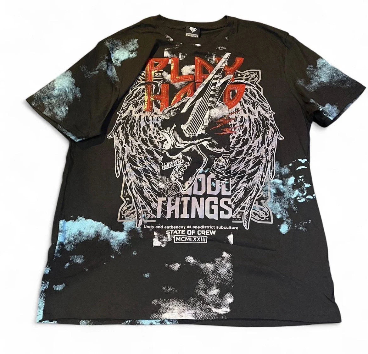 Rock Hard Tie-Dye Graphic Tee Black Blue Grunge Y2K Streetwear XL State of Crew Unisex T-shirt, Sweatshirt, Hoodie, Long Sleeve Tee - T-Shirt, Sweatshirt, Hoodie