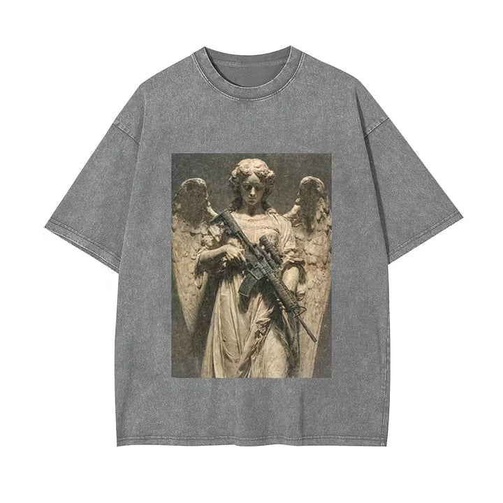 Angel With Gun Graphic T-Shirt Beige Acid Wash Vintage Grunge Tee Unisex T-shirt, Sweatshirt, Hoodie, Long Sleeve Tee - T-Shirt, Sweatshirt, Hoodie