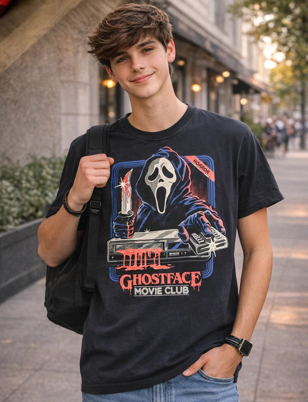 Ghostface Movie Club T-Shirt Mens Large Horror Graphic Black Tee Scream Original Unisex T-shirt, Sweatshirt, Hoodie, Long Sleeve Tee - T-Shirt, Sweatshirt, Hoodie
