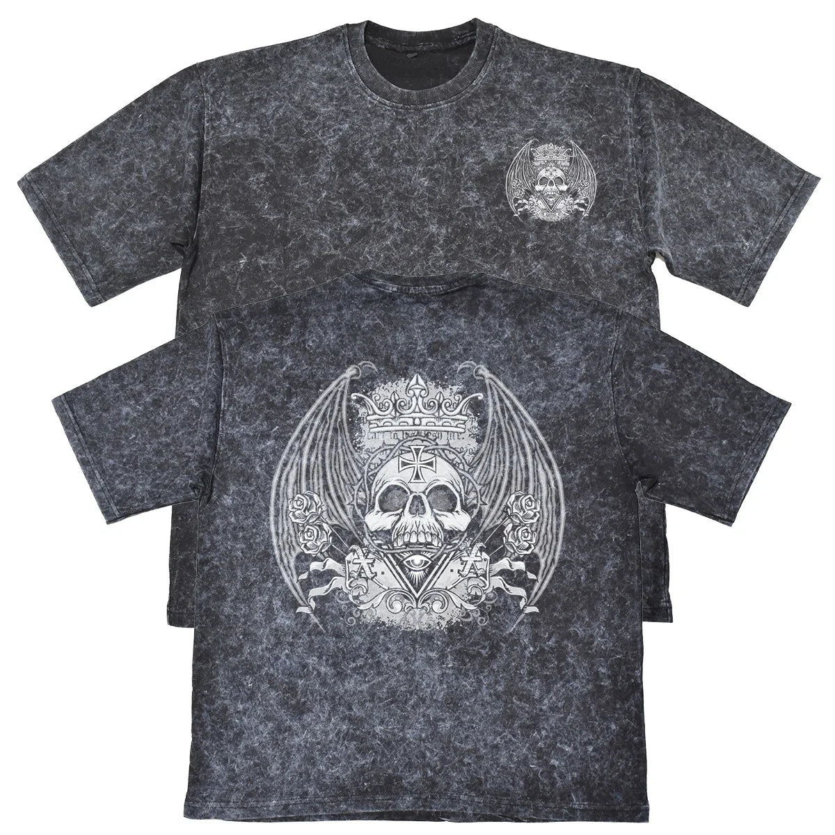 Skull Crown Wings Mens Carbon Grey Heavyweight 240gsm Vintage T-Shirt Biker Gift Unisex T-shirt, Sweatshirt, Hoodie, Long Sleeve Tee - T-Shirt, Sweatshirt, Hoodie