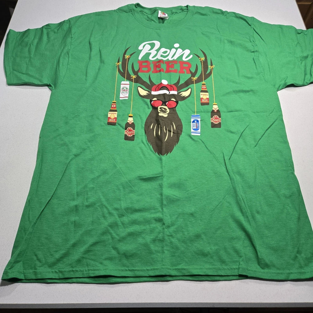 Mens Short Sleeve Graphic Christmas T-shirt Tee Sz XL Green Rein Beer Reindeer Unisex T-shirt, Sweatshirt, Hoodie, Long Sleeve Tee - T-Shirt, Sweatshirt, Hoodie