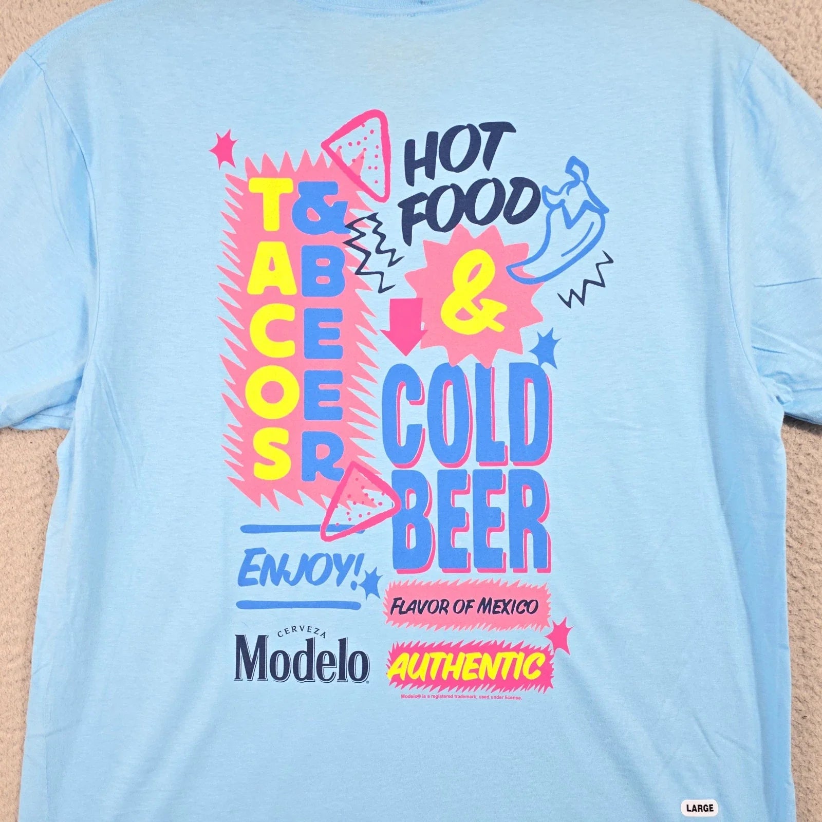 MODELO SHIRT MENS Large Blue Beer Casual Cervesa Tacos Street Food Logo NWT Unisex T-shirt, Sweatshirt, Hoodie, Long Sleeve Tee - T-Shirt, Sweatshirt, Hoodie