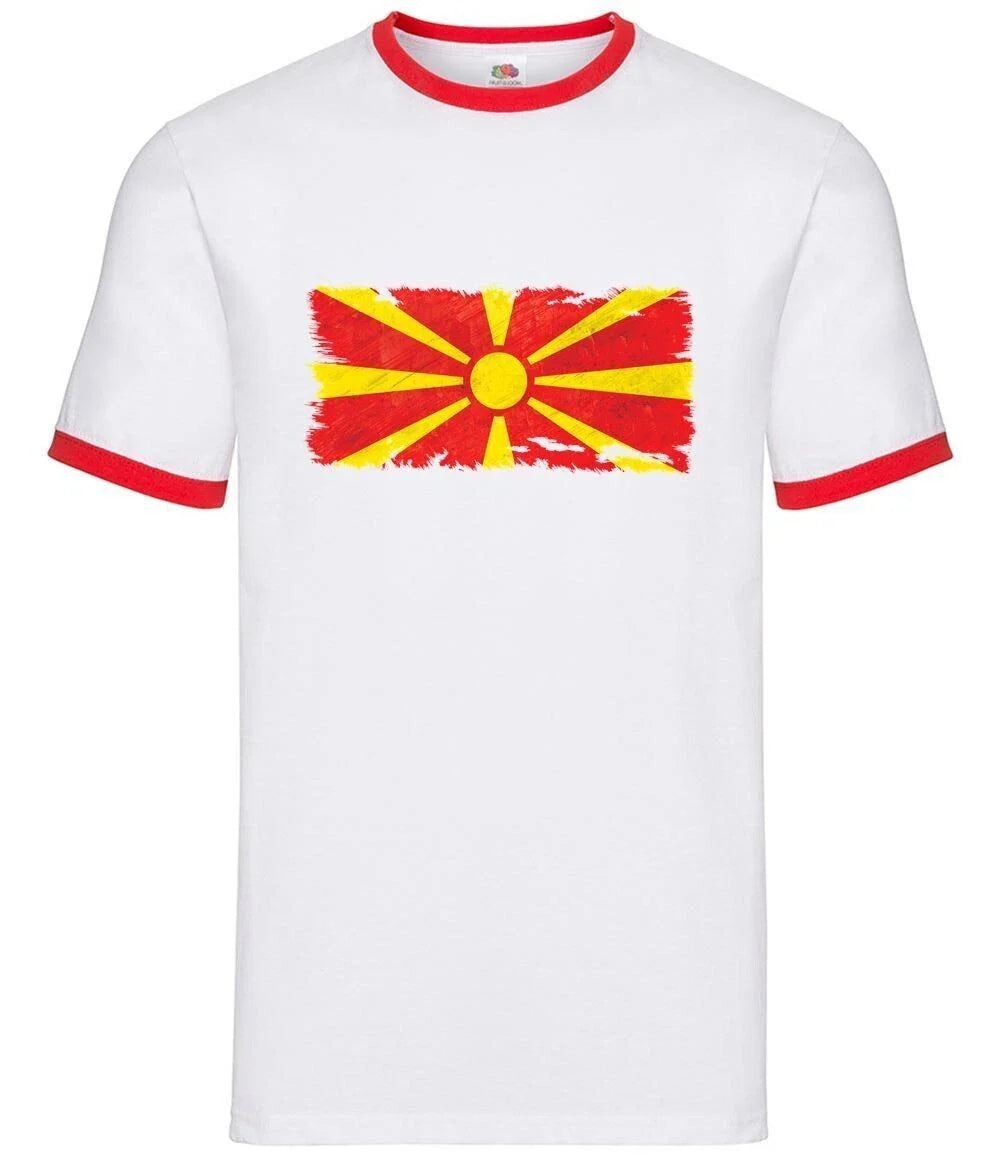 Grunge Flag of Macedonia - Men's Ringer T-Shirt - Travel Flags Unisex T-shirt, Sweatshirt, Hoodie, Long Sleeve Tee - T-Shirt, Sweatshirt, Hoodie
