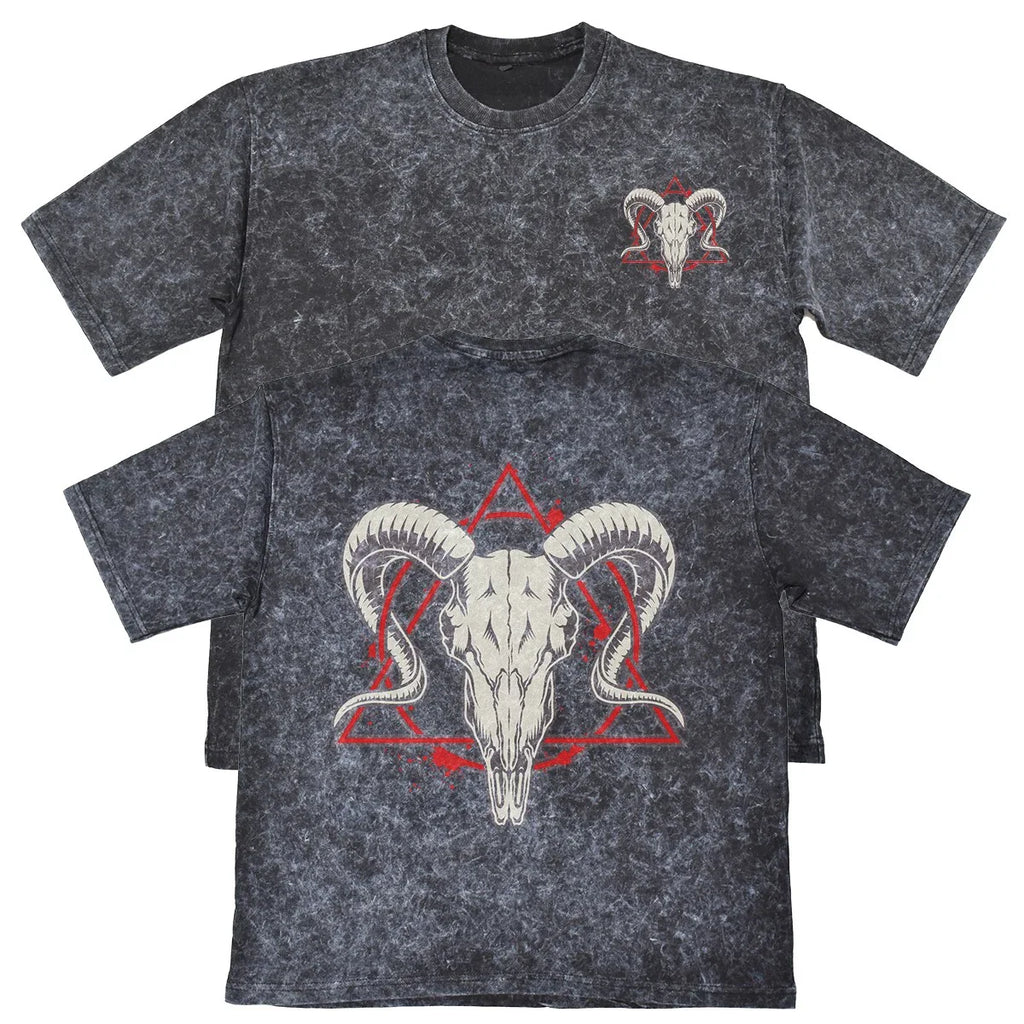 Ram Skull Unisex Mens Carbon Grey 240gsm French Terry Acid Wash T-Shirt Unisex T-shirt, Sweatshirt, Hoodie, Long Sleeve Tee - T-Shirt, Sweatshirt, Hoodie