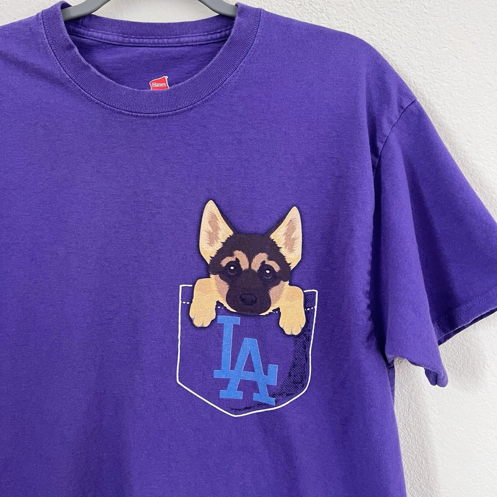Hanes T-Shirt 100% Cotton Sz Large LA German Shepard Puppy Graphic Tee Purple Unisex T-shirt, Sweatshirt, Hoodie, Long Sleeve Tee - T-Shirt, Sweatshirt, Hoodie