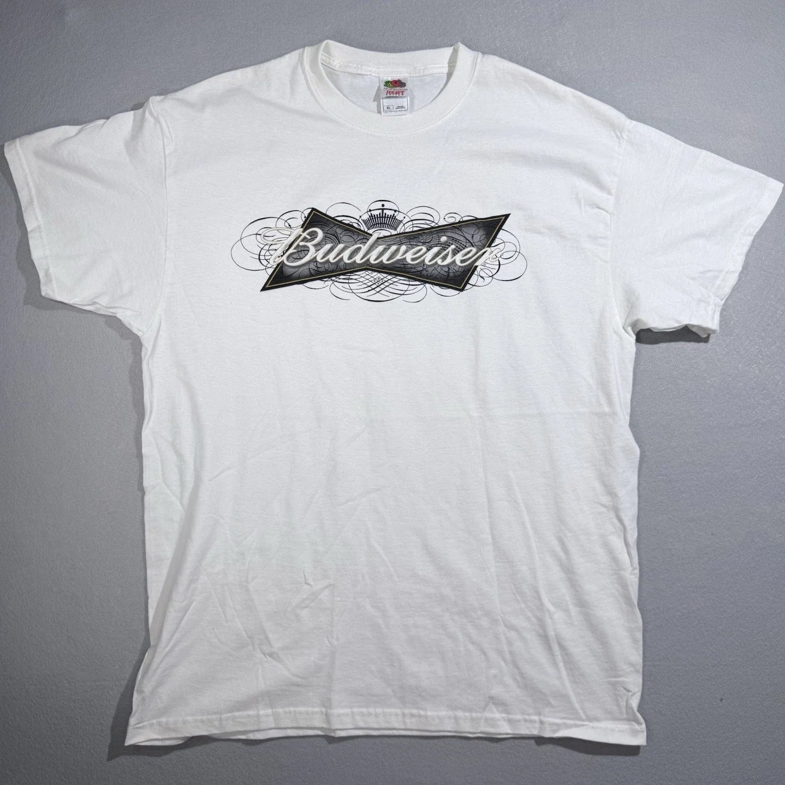 Vintage Y2K Budweiser Filigree White Fruit Of The Loom Heavy Shirt XL Beer Promo Unisex T-shirt, Sweatshirt, Hoodie, Long Sleeve Tee - T-Shirt, Sweatshirt, Hoodie