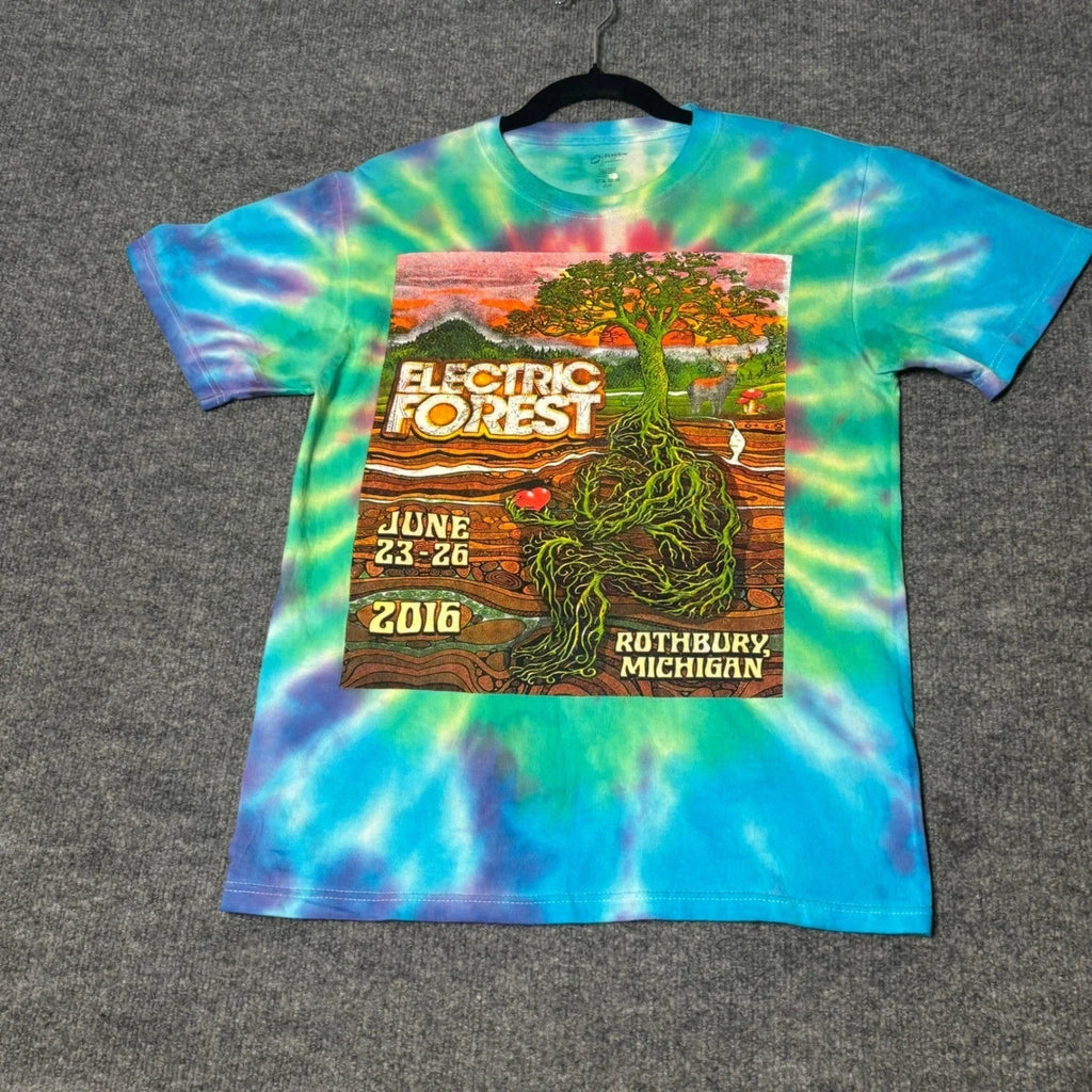 Electric Forest 2016 Festival T-Shirt Mens Small Tie Dye Blue Green Rothburyp Unisex T-shirt, Sweatshirt, Hoodie, Long Sleeve Tee - T-Shirt, Sweatshirt, Hoodie