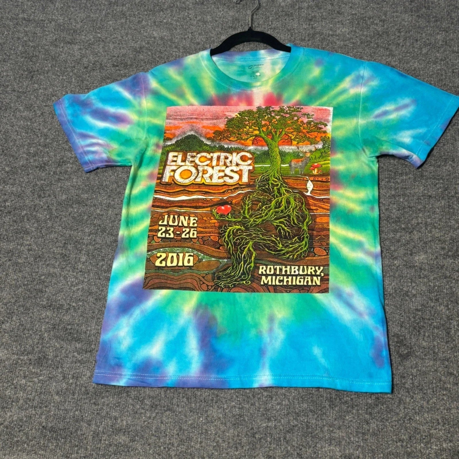 Electric Forest 2016 Festival T-Shirt Mens Small Tie Dye Blue Green Rothburyp Unisex T-shirt, Sweatshirt, Hoodie, Long Sleeve Tee - T-Shirt, Sweatshirt, Hoodie