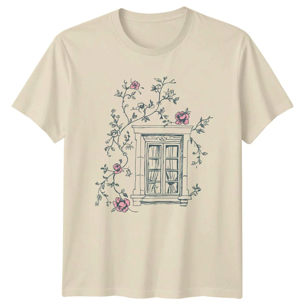 Vintage Sketch Of A Window Womens T-Shirt Climbing Roses Floral Aesthetic Unisex T-shirt, Sweatshirt, Hoodie, Long Sleeve Tee - T-Shirt, Sweatshirt, Hoodie
