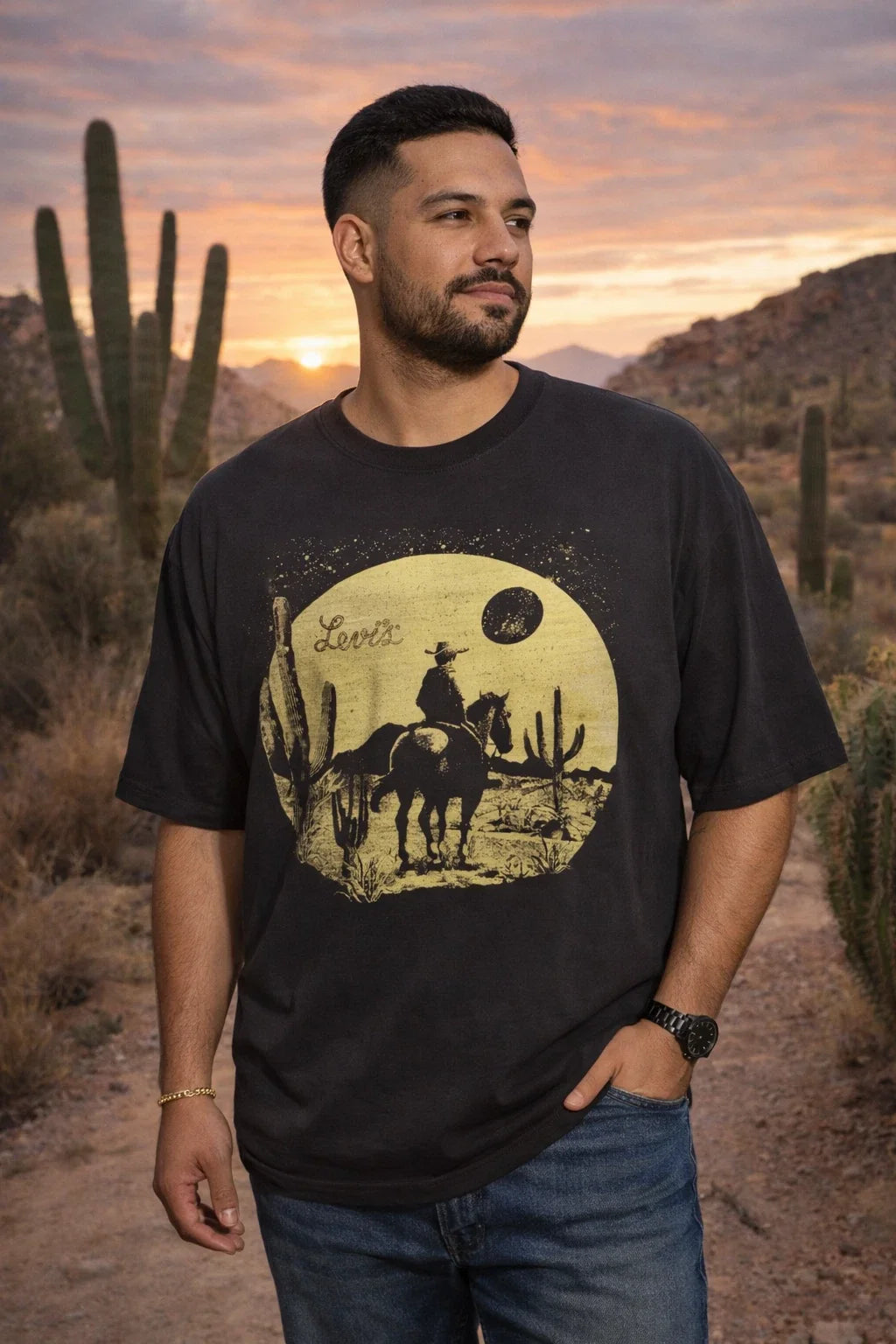 Levis Cowboy Graphic Short Sleeve Tee XL Relaxed Fit Western Desert NWT Black Unisex T-shirt, Sweatshirt, Hoodie, Long Sleeve Tee - T-Shirt, Sweatshirt, Hoodie