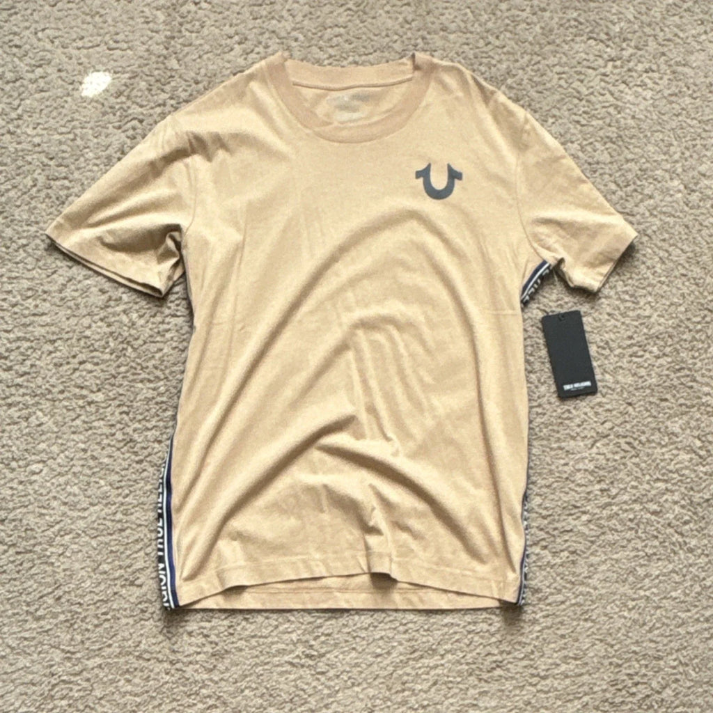 True Religion Men's Beige Short Sleeve Crew Neck Cotton Knit Logo T-Shirt Unisex T-shirt, Sweatshirt, Hoodie, Long Sleeve Tee - T-Shirt, Sweatshirt, Hoodie