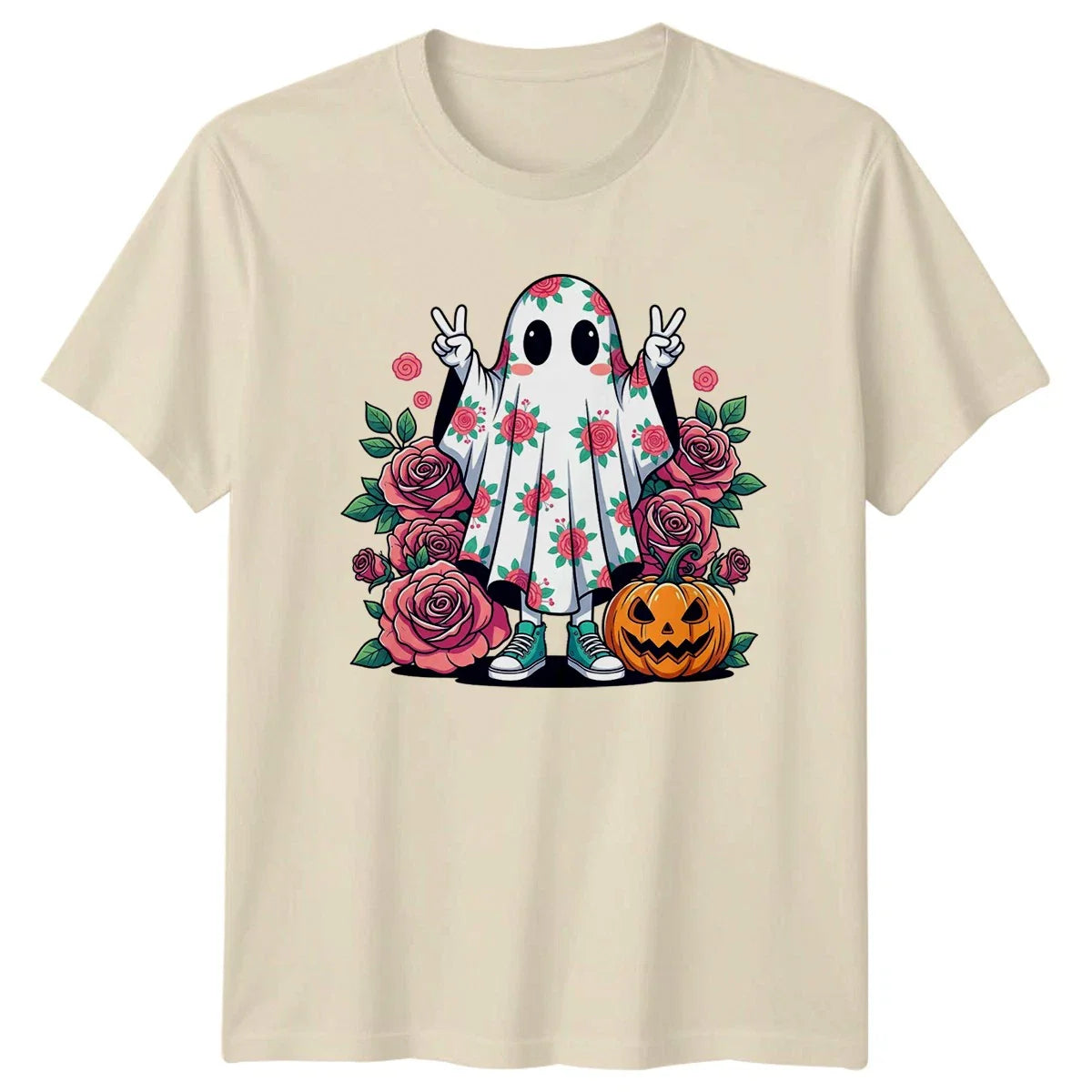 Floral Rose Ghost Peace Sign Womens T-Shirt Cute Ghost Halloween Gift For Her Unisex T-shirt, Sweatshirt, Hoodie, Long Sleeve Tee - T-Shirt, Sweatshirt, Hoodie