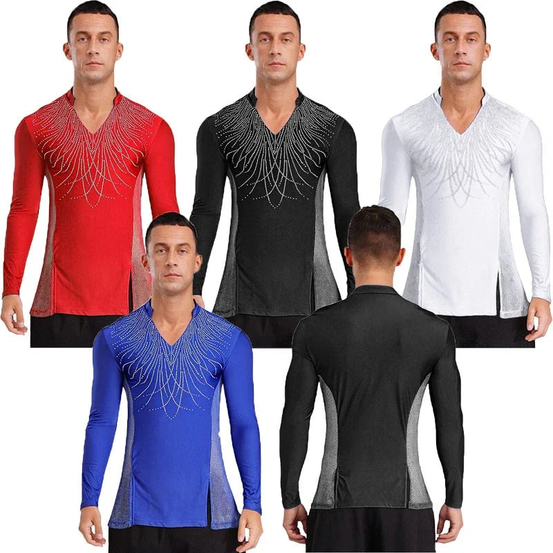 Agoky Men Latin Modern Ballroom Dance Tops Rhinestones Figure Skating AU Unisex T-shirt, Sweatshirt, Hoodie, Long Sleeve Tee - T-Shirt, Sweatshirt, Hoodie