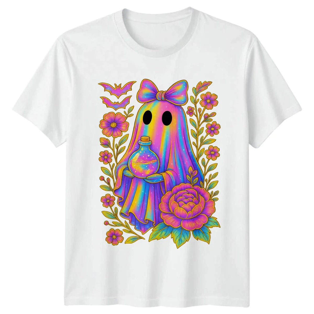 Cute Halloween Ghost Iridescent Floral Womens T-Shirt Halloween Gift For Her Unisex T-shirt, Sweatshirt, Hoodie, Long Sleeve Tee - T-Shirt, Sweatshirt, Hoodie
