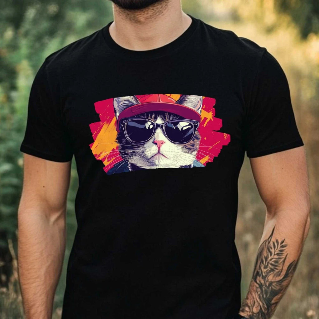 Mens Hip Hop Cat Print Cotton T-Shirt Size XS to 5XL Unisex T-shirt, Sweatshirt, Hoodie, Long Sleeve Tee - T-Shirt, Sweatshirt, Hoodie