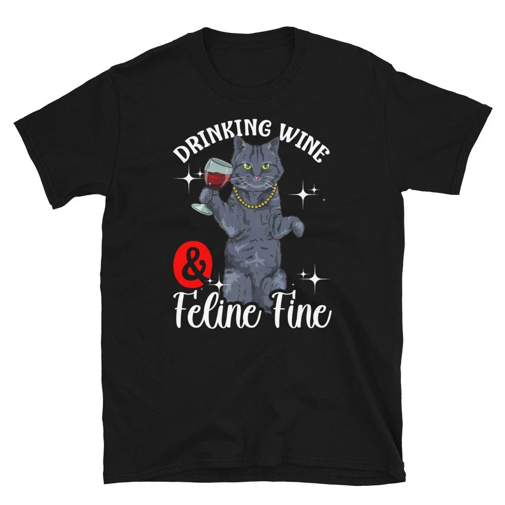 Drinking Wine and Feline Fine Black Cat Kitten Short-Sleeve Unisex T-Shirt Unisex T-shirt, Sweatshirt, Hoodie, Long Sleeve Tee - T-Shirt, Sweatshirt, Hoodie