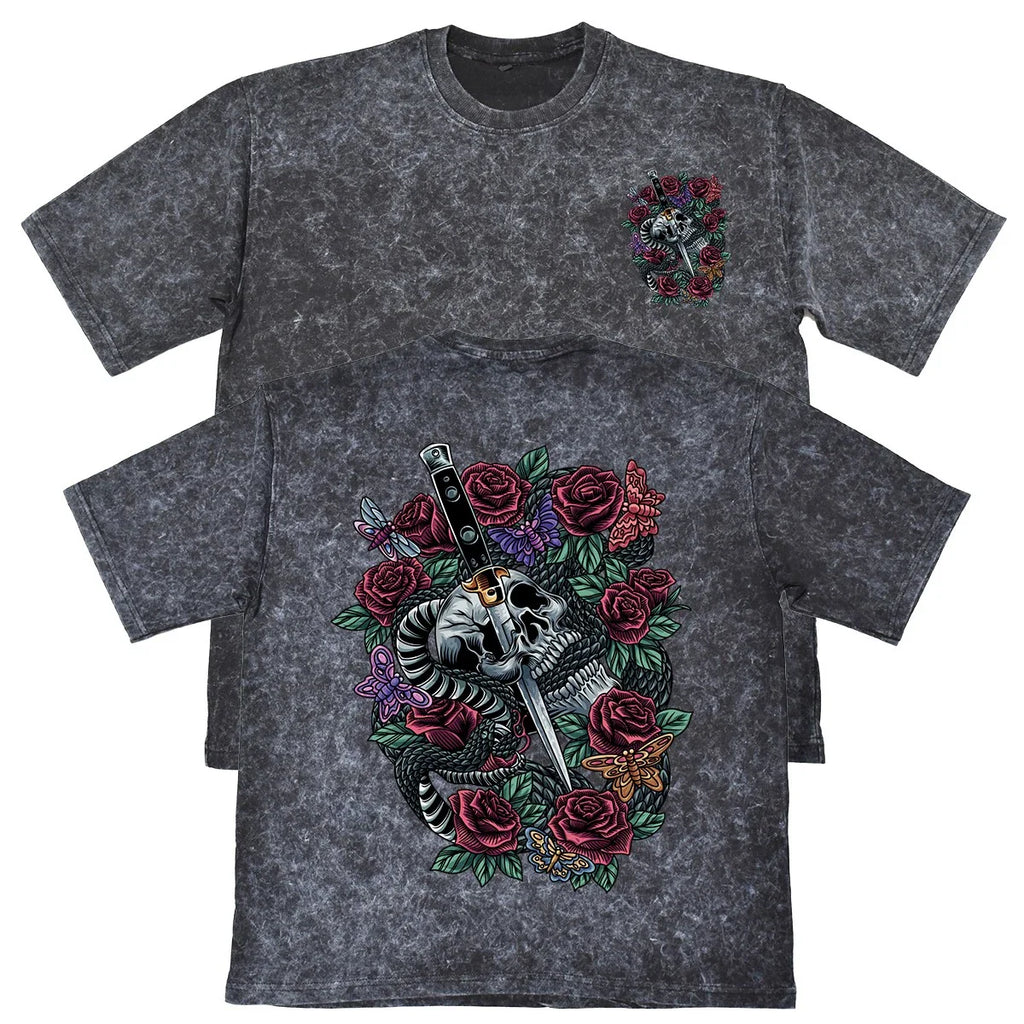 Skull Snake Roses Unisex Mens Carbon Grey 240gsm French Terry Acid Wash T-Shirt Unisex T-shirt, Sweatshirt, Hoodie, Long Sleeve Tee - T-Shirt, Sweatshirt, Hoodie