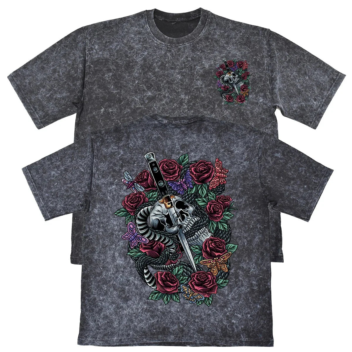 Skull Snake Roses Unisex Mens Carbon Grey 240gsm French Terry Acid Wash T-Shirt Unisex T-shirt, Sweatshirt, Hoodie, Long Sleeve Tee - T-Shirt, Sweatshirt, Hoodie