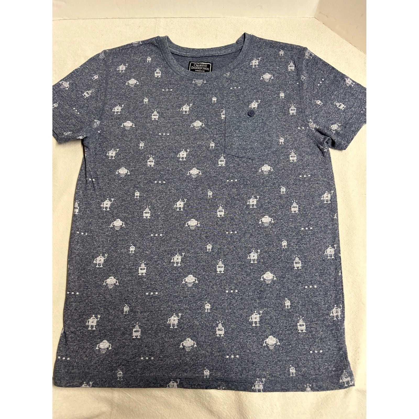 Creative Destruction Graphic Tee Robot Print Blue Short Sleeve Pocket Boys M Unisex T-shirt, Sweatshirt, Hoodie, Long Sleeve Tee - T-Shirt, Sweatshirt, Hoodie
