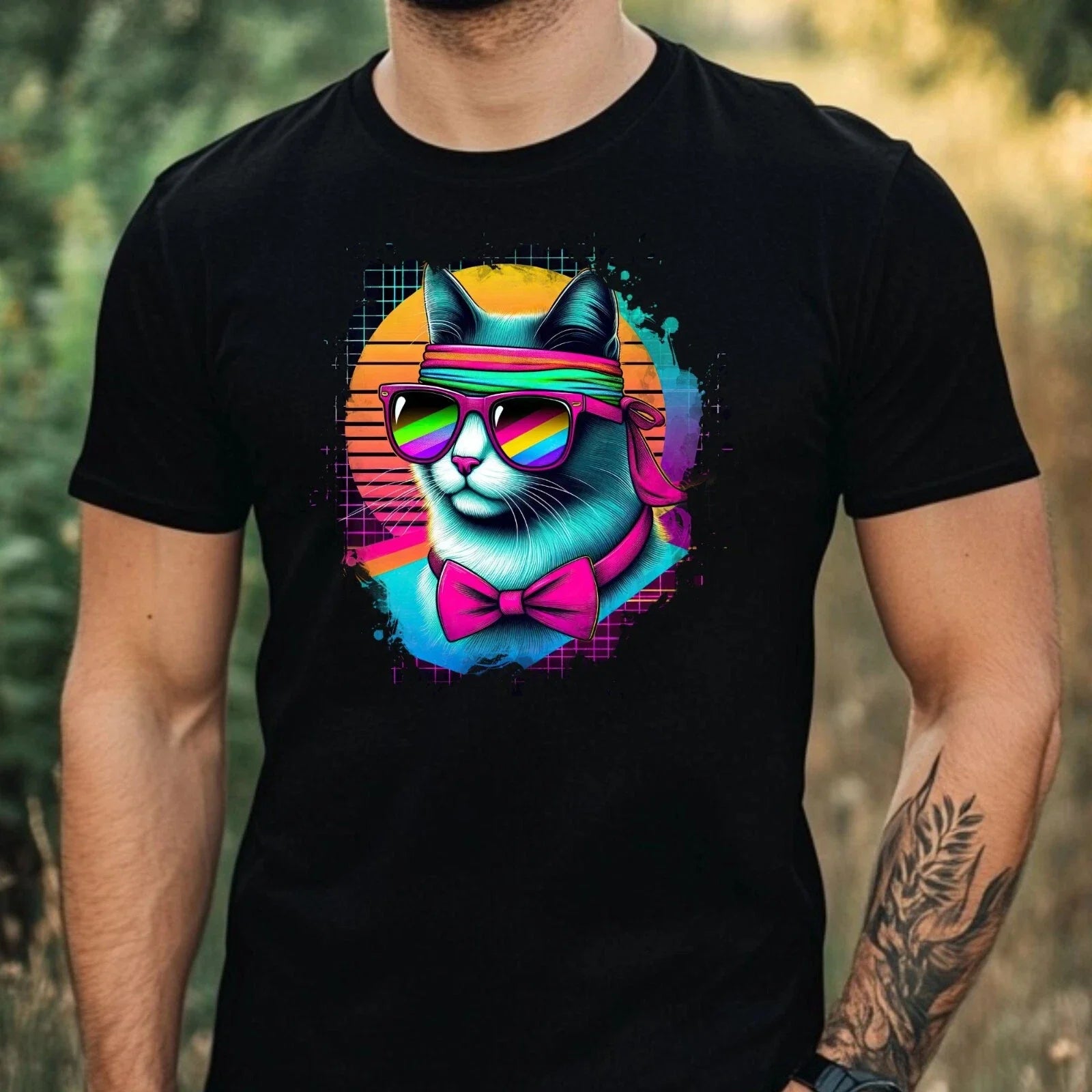 Mens Watercolour Cool Cat Print Cotton T-Shirt Size XS to 5XL Unisex T-shirt, Sweatshirt, Hoodie, Long Sleeve Tee - T-Shirt, Sweatshirt, Hoodie