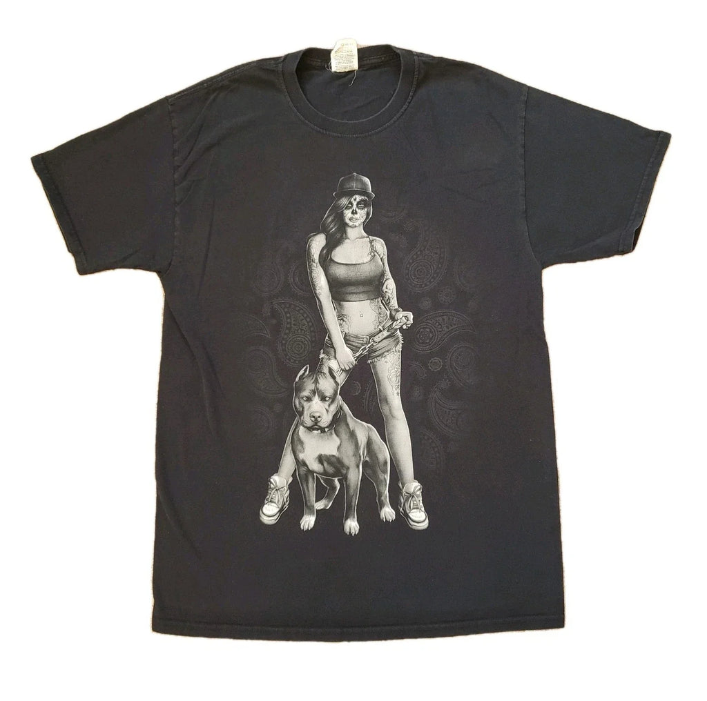 Vintage Y2K Sugar Skull Hood Girl Size Medium Mens Black T-Shirt Pit bull Latina Unisex T-shirt, Sweatshirt, Hoodie, Long Sleeve Tee - T-Shirt, Sweatshirt, Hoodie