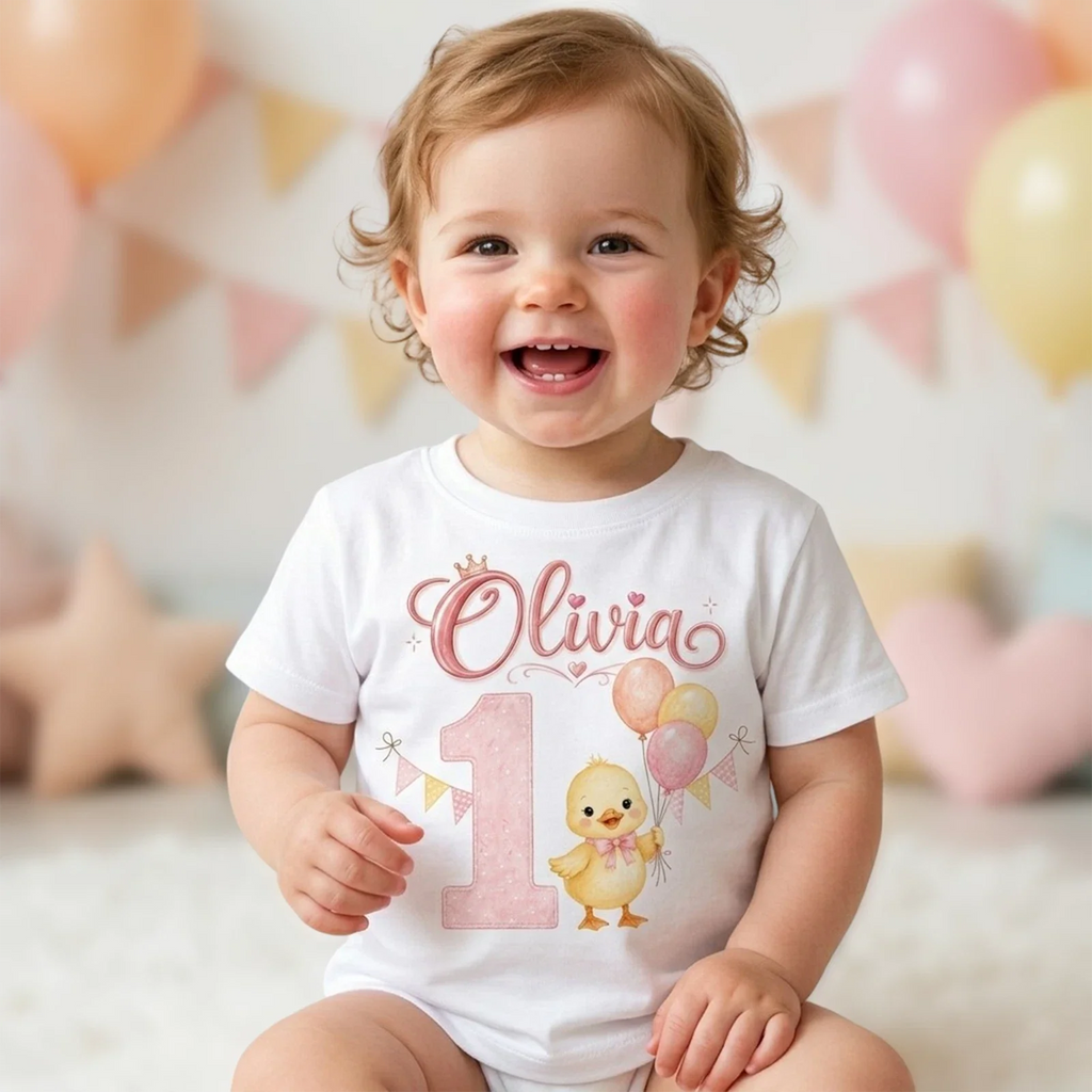 Personalised First Birthday Girl T Shirt with Cute Chick and Balloons Unisex T-shirt, Sweatshirt, Hoodie, Long Sleeve Tee - T-Shirt, Sweatshirt, Hoodie