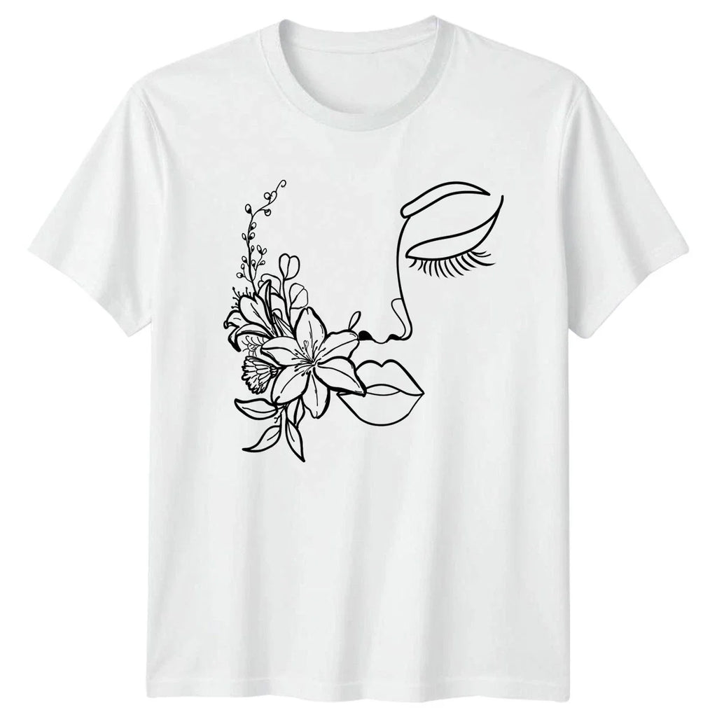 Elegant Floral Face Line Art Womens T-Shirt Minimalist Fashion Birthday Unisex T-shirt, Sweatshirt, Hoodie, Long Sleeve Tee - T-Shirt, Sweatshirt, Hoodie