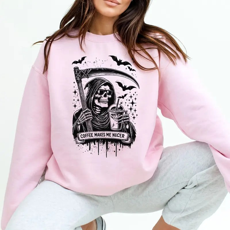 SCoffee Makes Me Nicer Grimrepaer Halloween Coffee Lover Casual Long Sleeve Halloween SKeleton Womenswear Cewneck Casual T-Shirts, Hoodie, Sweatshirt - T-Shirt, Sweatshirt, Hoodie