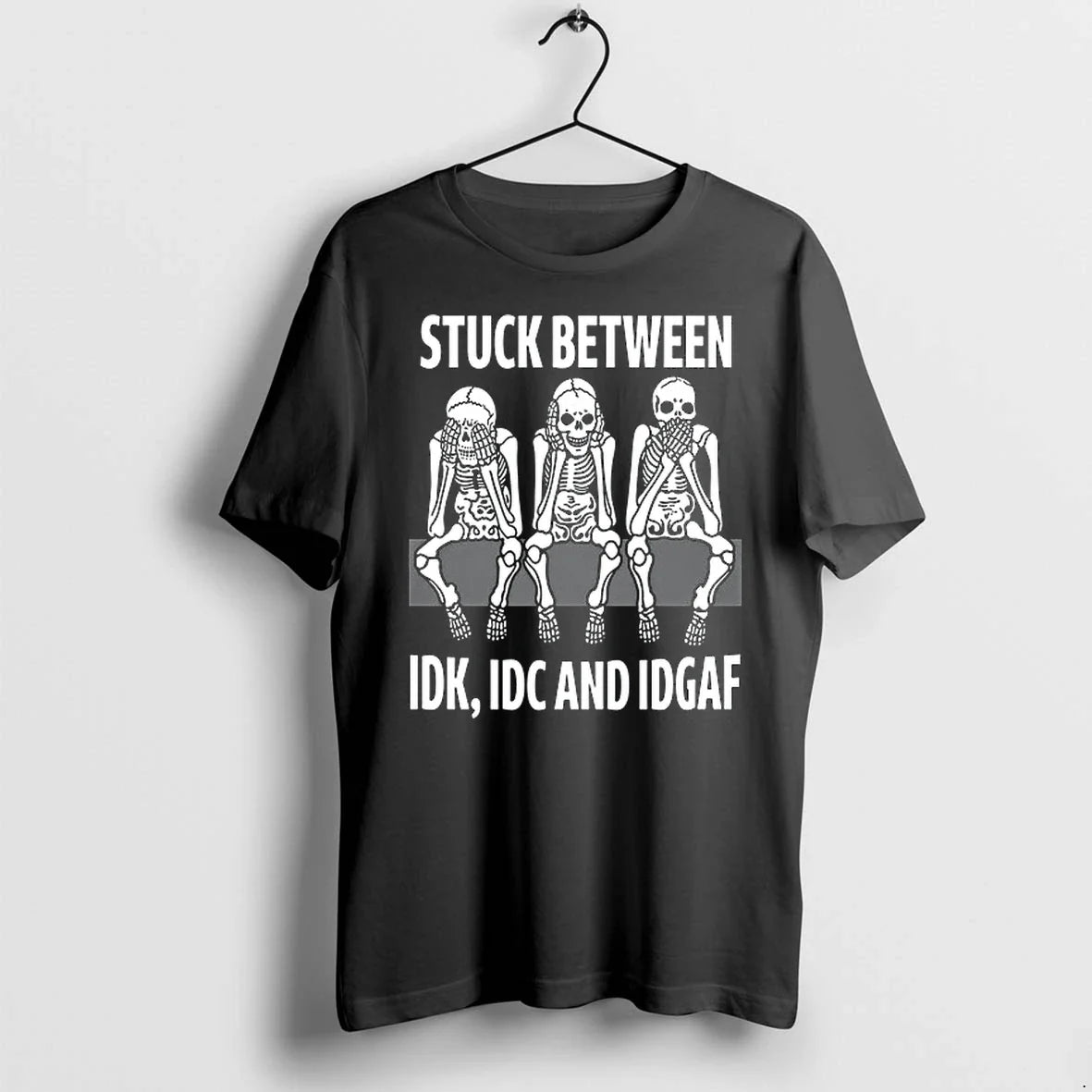 Skull Stuck Between Idk Idc And Idgaf 0 Tshirts Sweater Unisex T-shirt, Sweatshirt, Hoodie, Long Sleeve Tee - T-Shirt, Sweatshirt, Hoodie