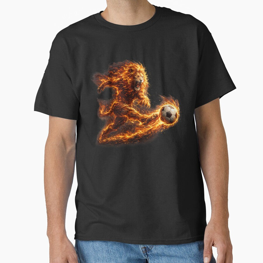 Fierce Fire Lion Kicking Soccer Ball  Dramatic Flame Football Fantasy Art | Soccer Fan Gift by irfanshikh - T-Shirt, Sweatshirt, Hoodie