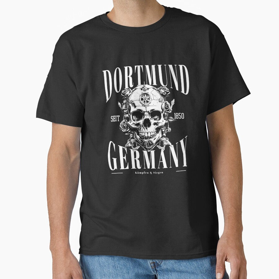Dortmund Germany lettering with skull by Ecmoprints Unisex T-shirt, Sweatshirt, Hoodie, Long Sleeve Tee - T-Shirt, Sweatshirt, Hoodie