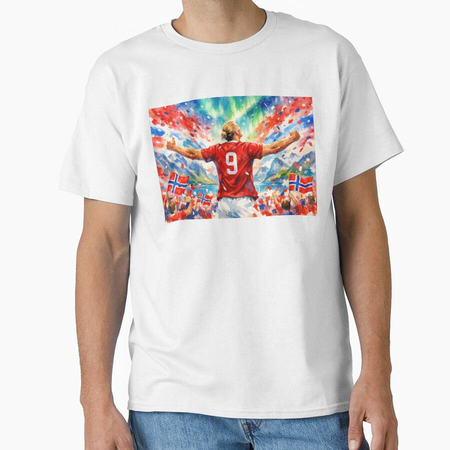 Norway Soccer Vibes  Soccer Player Celebrating Victory by BrickByDream Unisex T-shirt, Sweatshirt, Hoodie, Long Sleeve Tee - T-Shirt, Sweatshirt, Hoodie